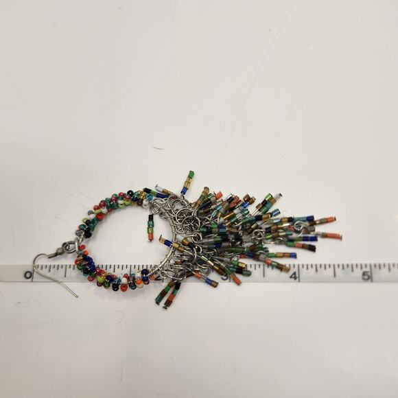 Sassy Jones Seed Bead Dangle Hook Fringe Earrings Silver Tone Statement Jewelry - Picture 5 of 5